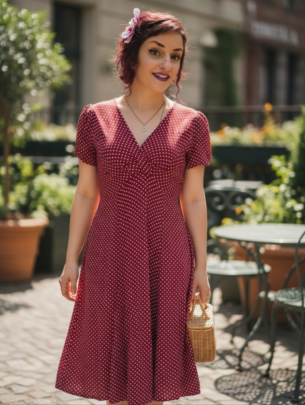 Loco Lindo 1940s Retro Burgundy Polka Dot Midi Dress Tie Waist Rayon Crepe Size